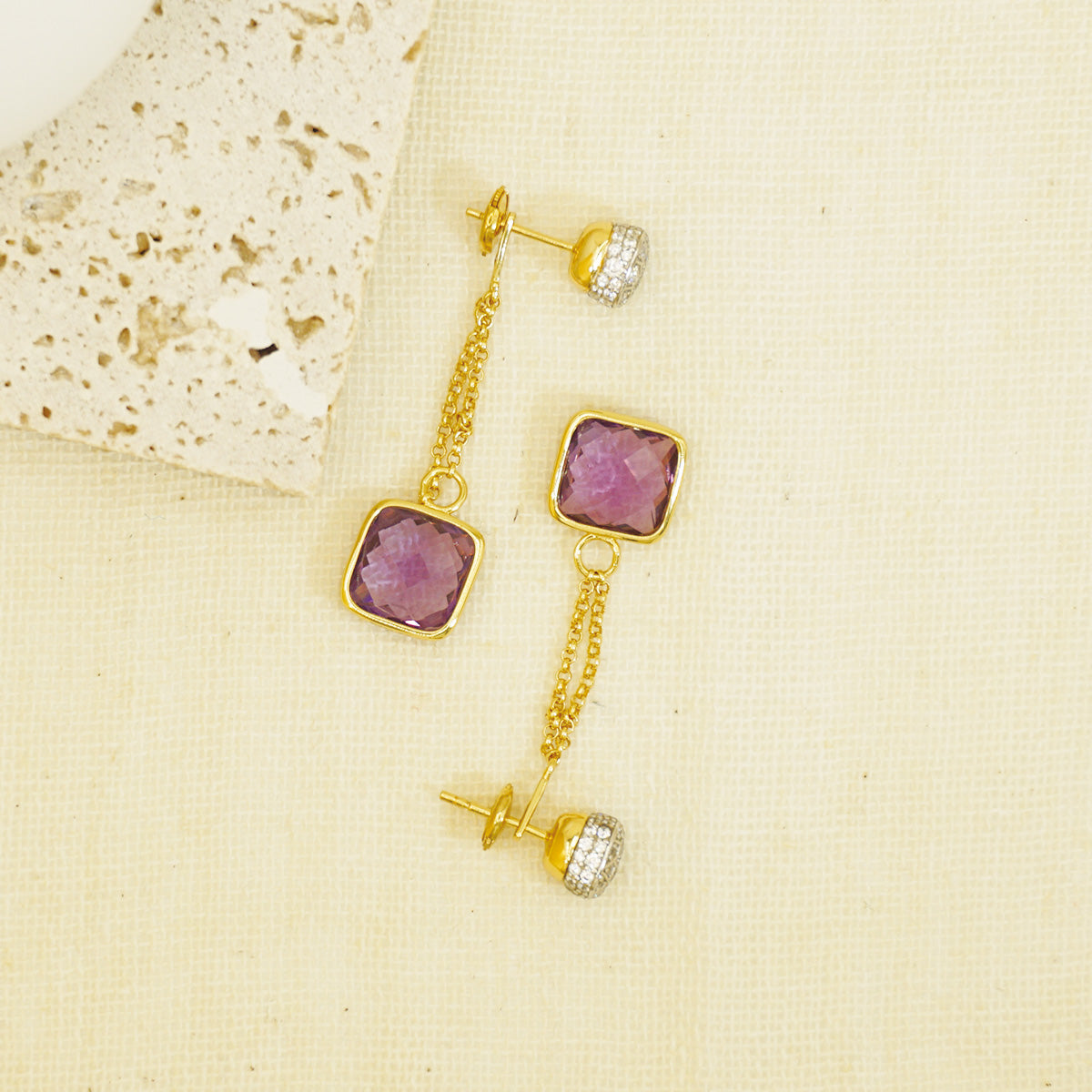 Gold Square Amethysts Stones Drop Earrings