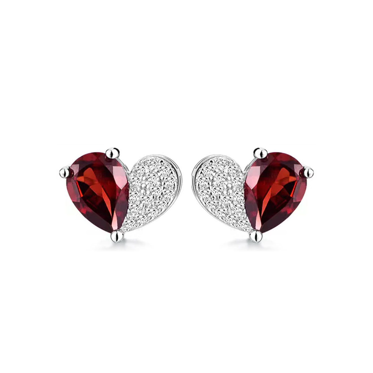 White Gold Half Design Ruby Gem Heart Shape Stud Earrings