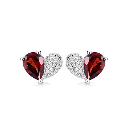 White Gold Half Design Ruby Gem Heart Shape Stud Earrings