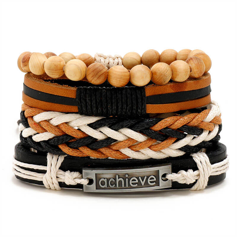 Simple Handmade Wooden Bead Braided Leather Bracelet Set of Four Bracelets