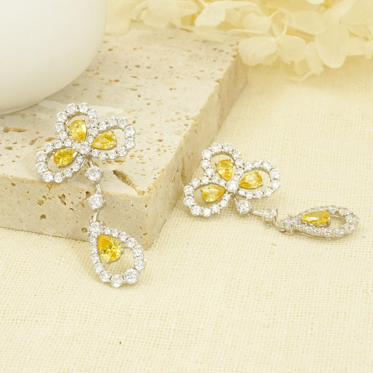 White Gold Iris Shape Yellow Sapphire Hollow Drop Earrings