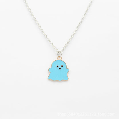 Cartoon Black and White Ghost Necklace Powder Blue Ghost Pendant Personality Creative Sweet Cool Niche Halloween Gift