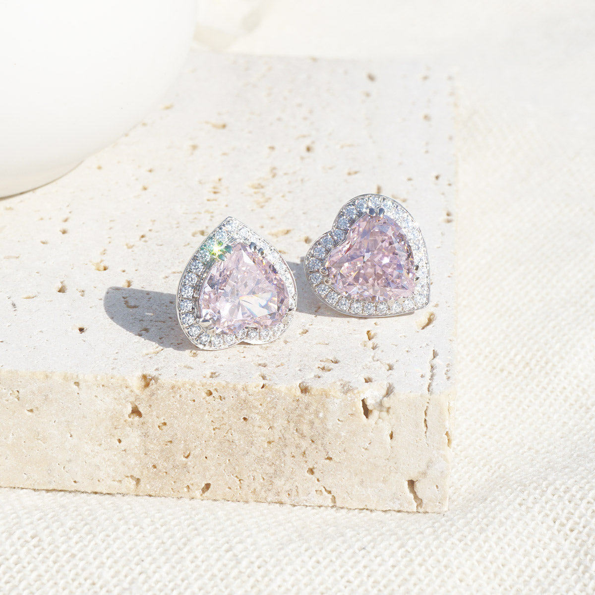 White Gold Plating Heart Shape Pink Sapphire Full Stones Stud Earrings