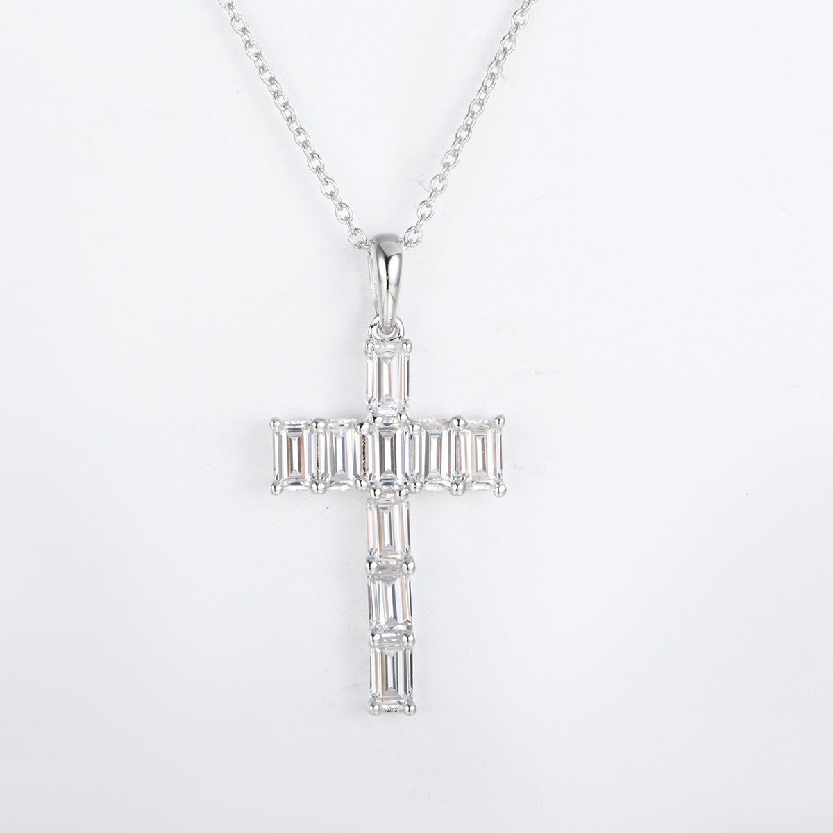 Sterling Silver Emerald Cut Moissanite Tennis Cross Pendant