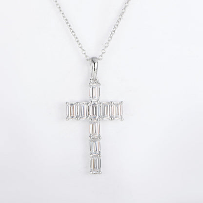 Sterling Silver Emerald Cut Moissanite Tennis Cross Pendant