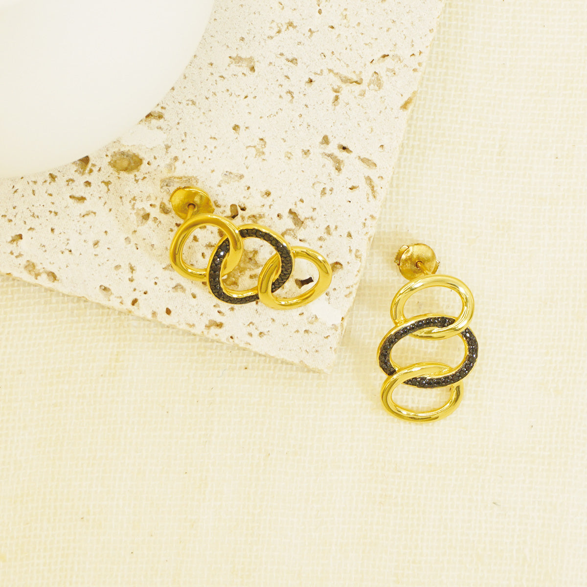 Golden Hammered Triple Black Stones Hoop Earrings