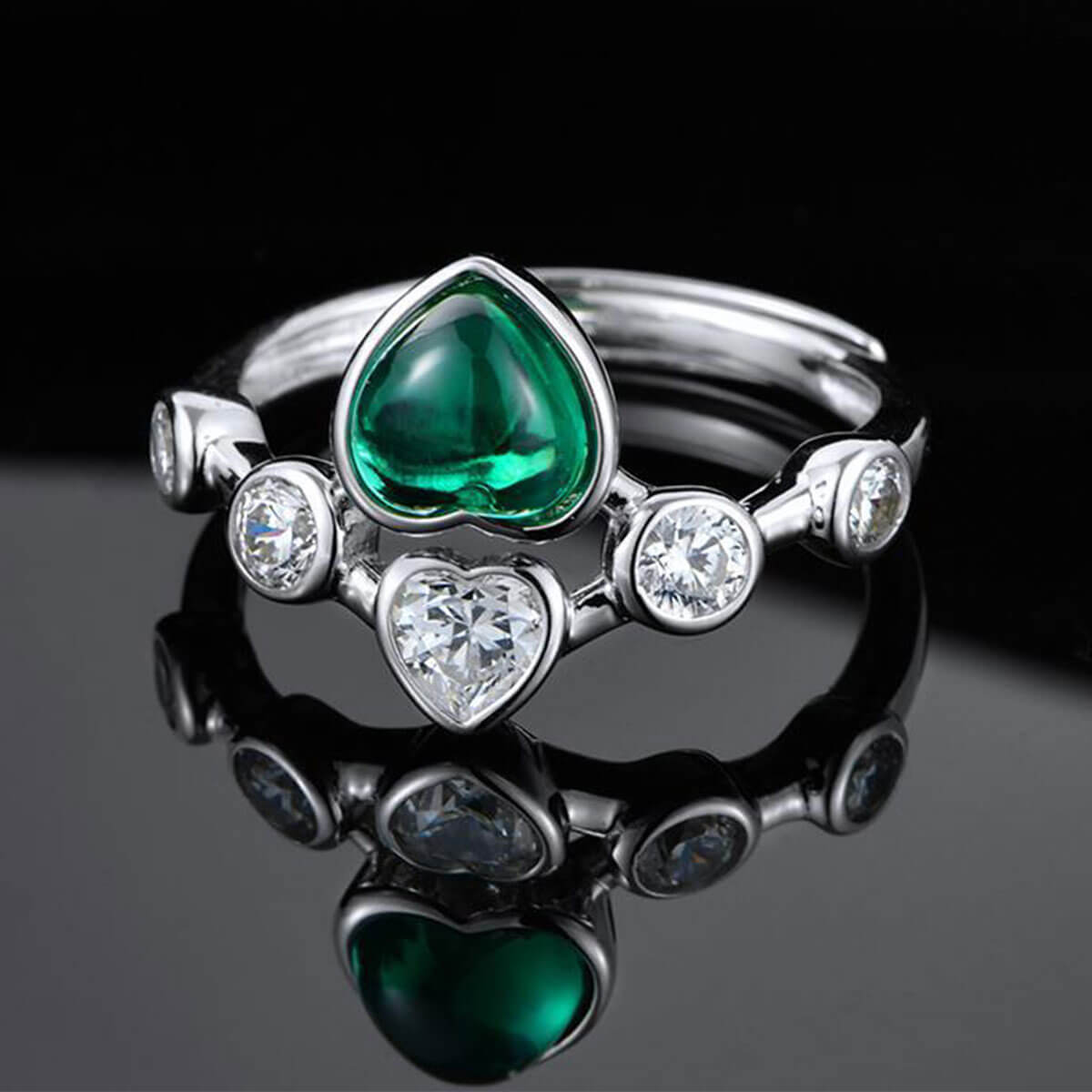 White Gold S925 Silver Double Heart Emerald Ring