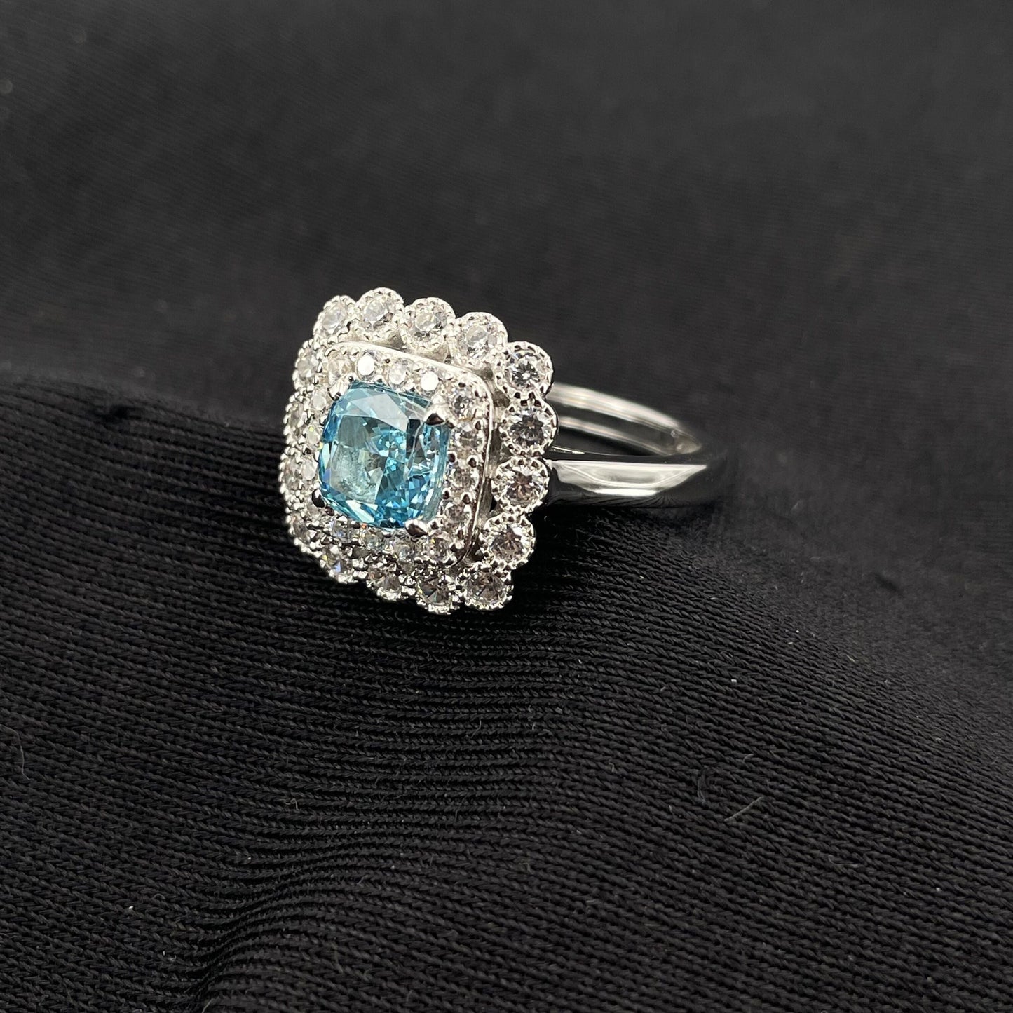 White Gold Cushion Shape Layered Stones Blue Gem Halo Ring