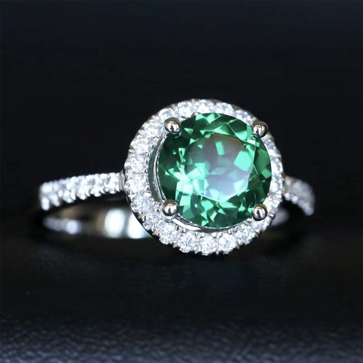 White Gold S925 Silver Olive Cut Emerald Halo Ring