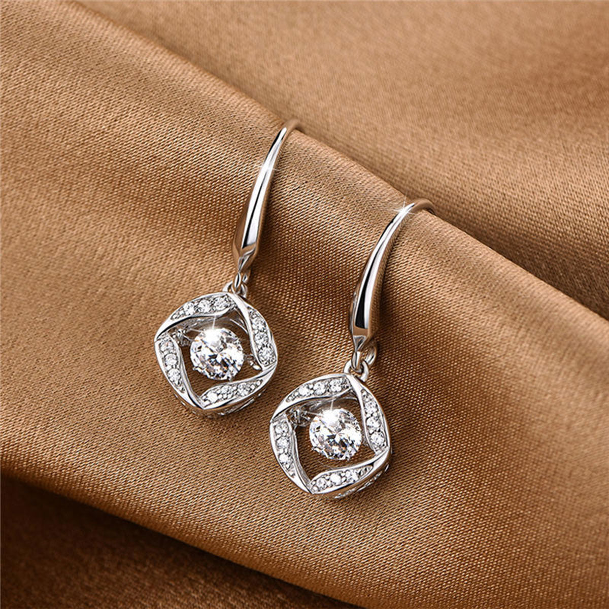 White Gold Rose Shape Full Stones Beating Dangle Earrings