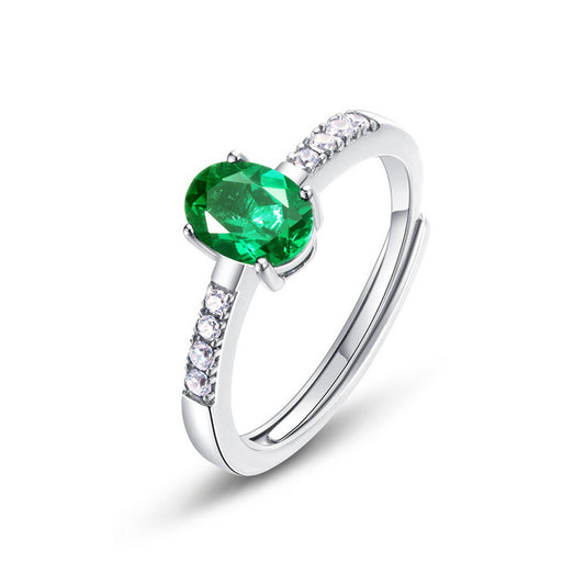 White Gold Oval Cut Emerald Adjustable Ring