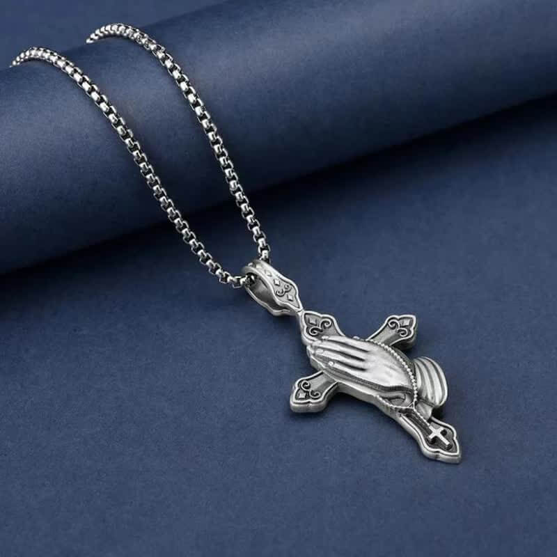 Men's Prayer Hand Cross Necklace