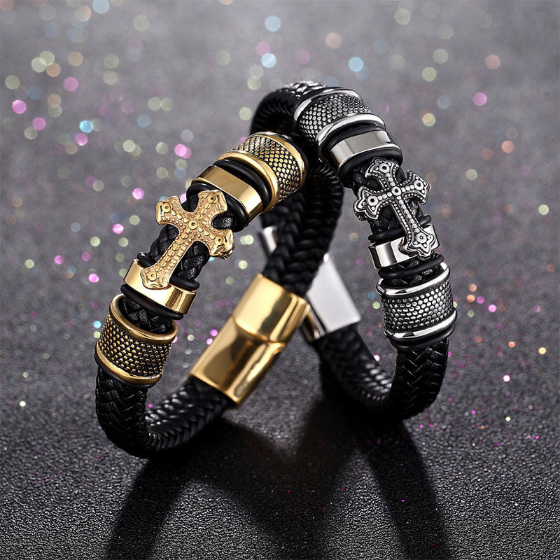 Titanium Steel Cross Leather Braided Bracelet Magnetic Buckle Men's Leather Bracelet