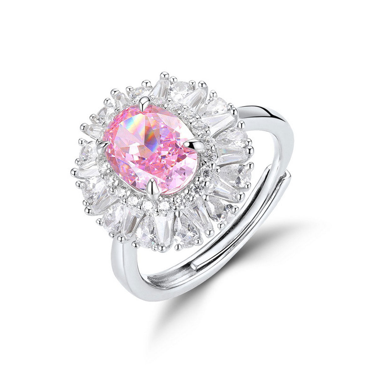 White Gold Emerald Cut Stones Pink Gem Halo Ring