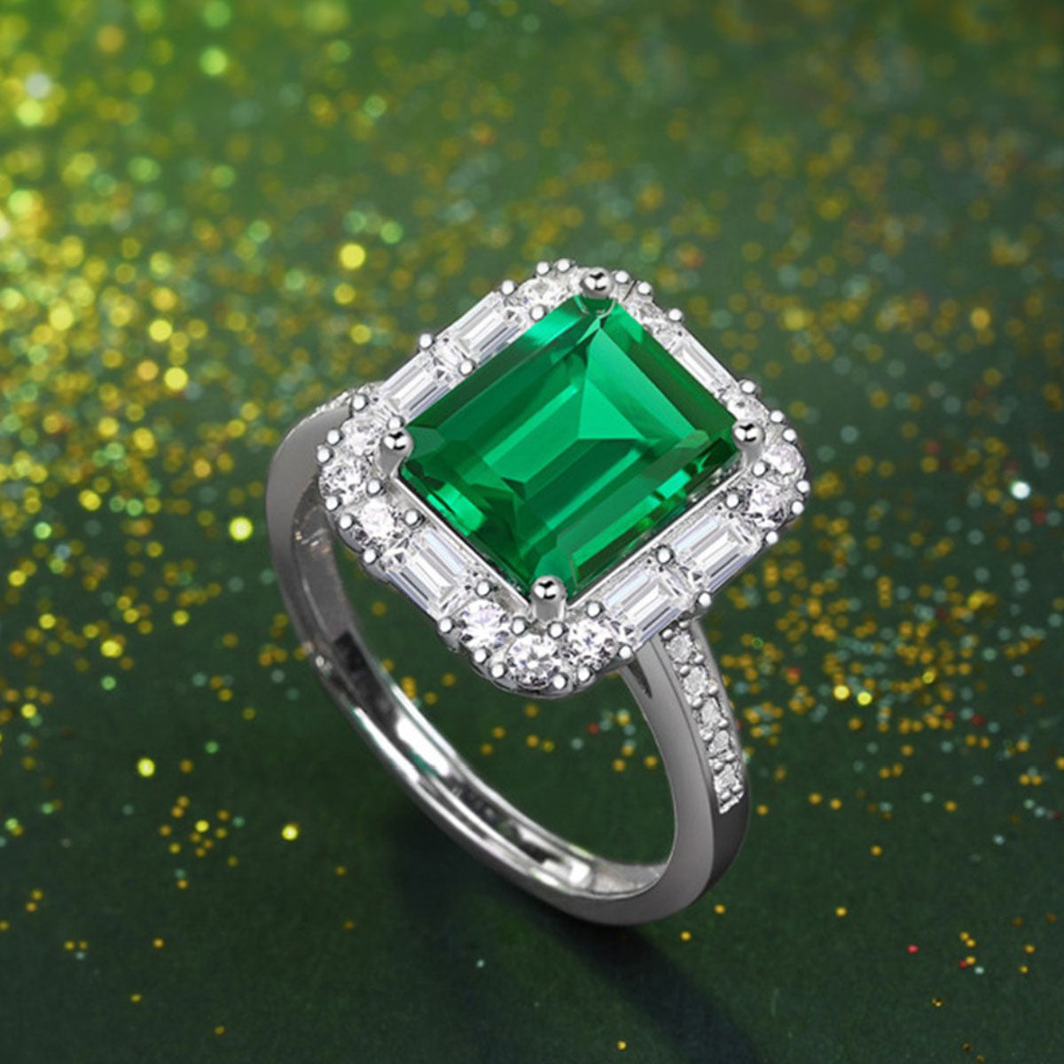 White Gold Rectangle Emerald Adjustable Halo Ring