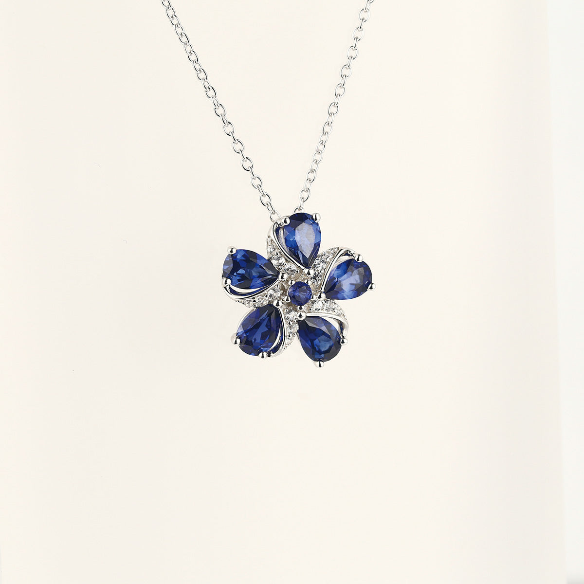 Sterling Silver Five-leaf Clover Shape Pendant with Pear Brilliant Cut Sapphire