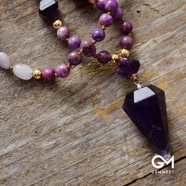 Purple Jade Amethyst  Beaded Mala Necklace