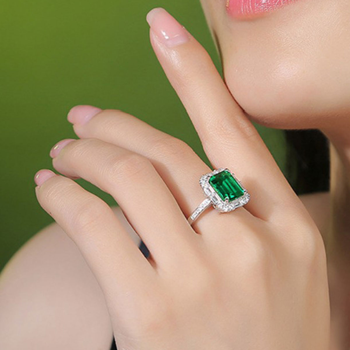 White Gold Rectangle Emerald Adjustable Halo Ring