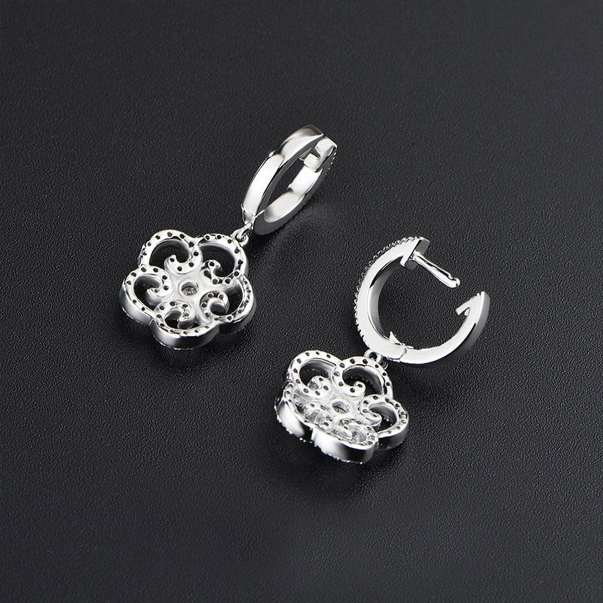 White Gold Hollow Flower Shape Full Stones Dangle Earrings