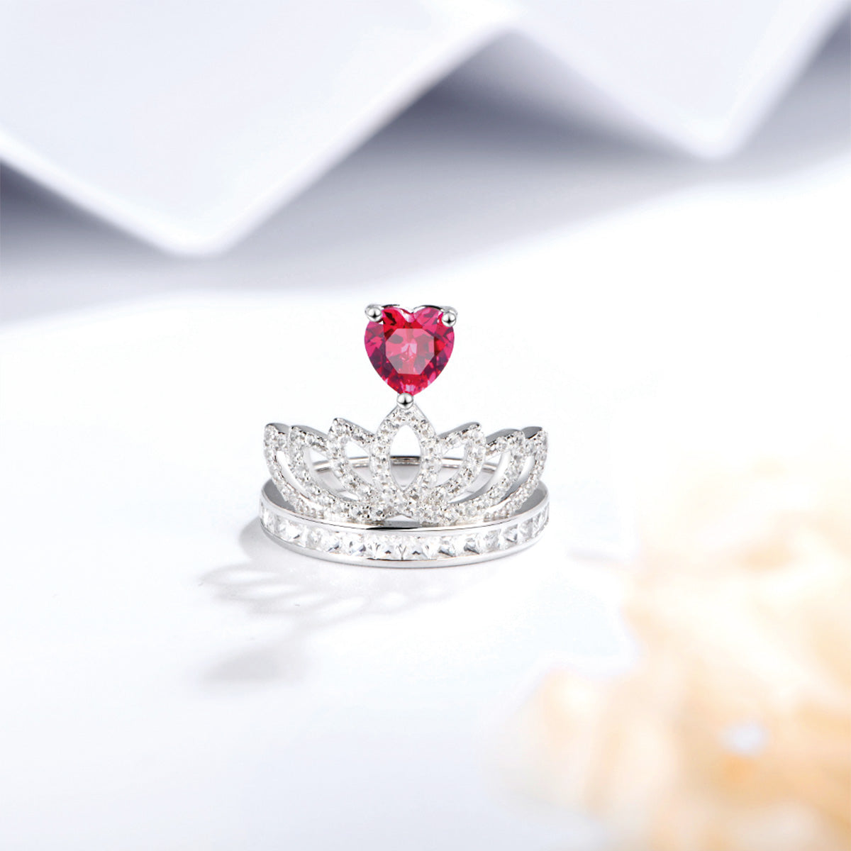 White Gold Heart Ruby Crown Ring with Channel Setting Full Stones