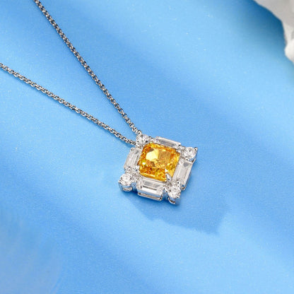 White Gold Square Cut Yellow Gem Halo Pendant Chain