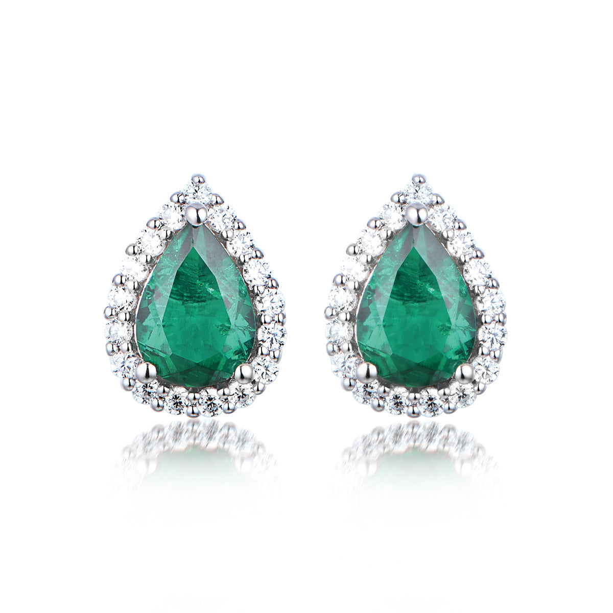 White Gold Pear Shape Full Stones Stud Earrings With Emerald Gem