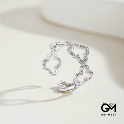 S925 Silver Hollow Design Four-leaf Clover Flower Ring