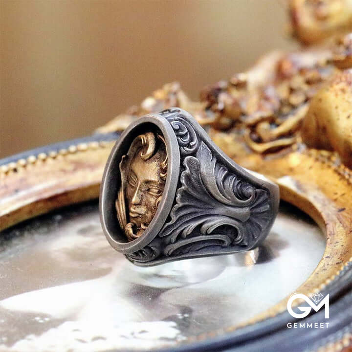 Vintage Engraved Skull Female Face Ring