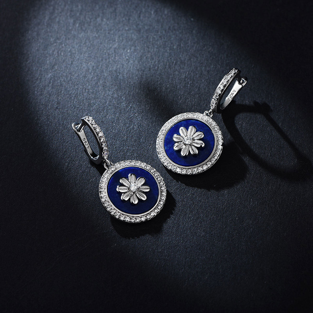 White Gold Flower Totem Lapis Lazuli Dangle Earrings