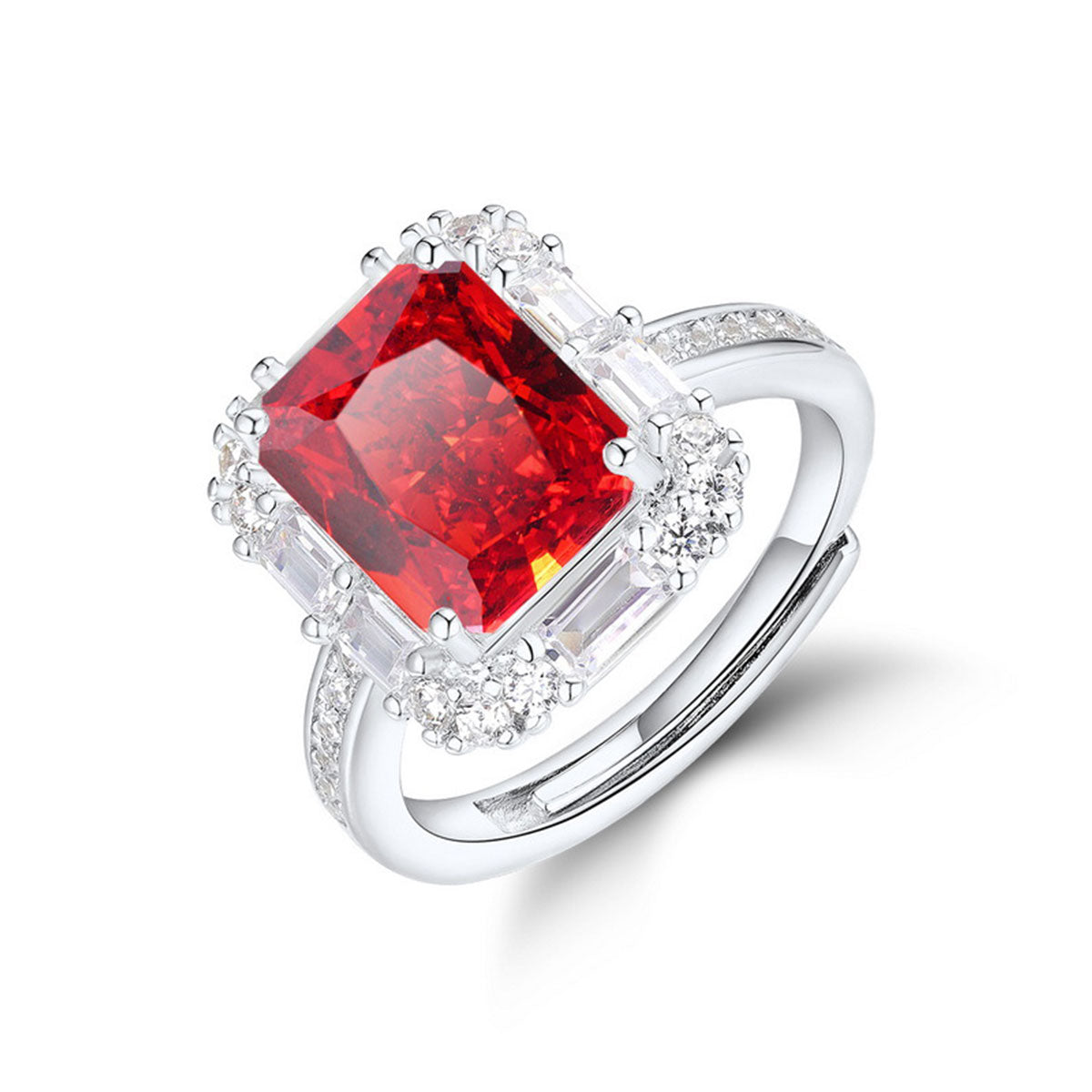 White Gold Rectangle Ruby Adjustable Halo Ring