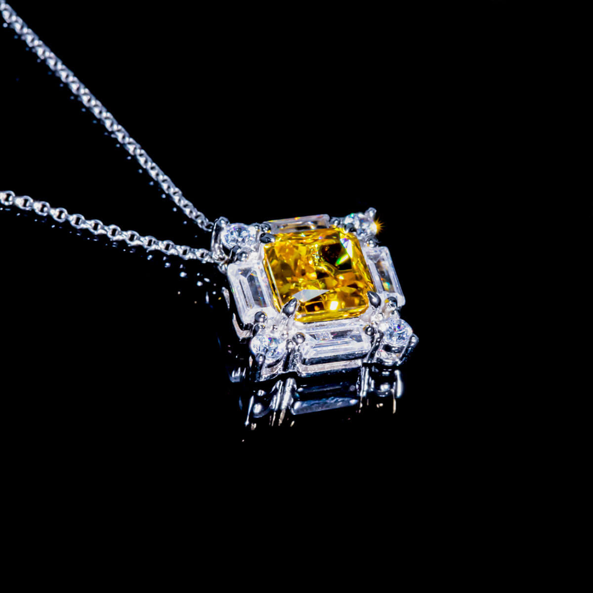 White Gold Square Cut Yellow Gem Halo Pendant Chain