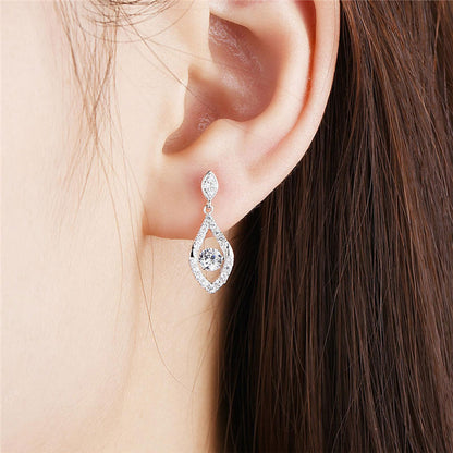 White Gold Olive Shape Full Stones Beating Drop Earrings