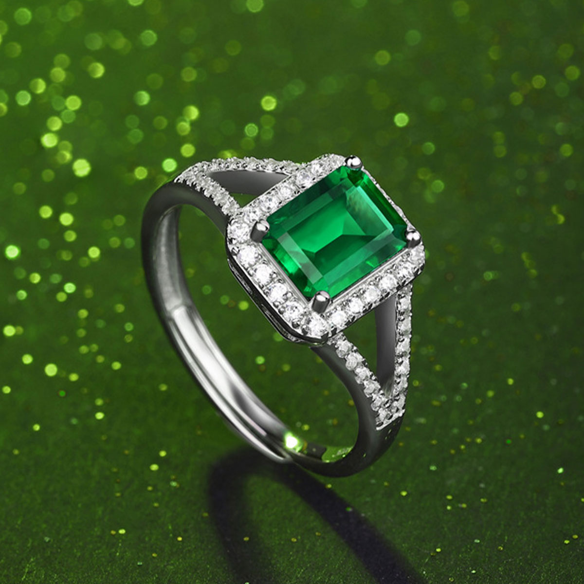 White Gold Halo Emerald Hollow Ring