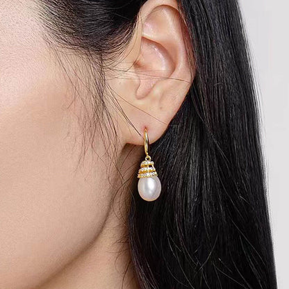 Golden Full Stones Organic Oval Pearl Dangle Earrings