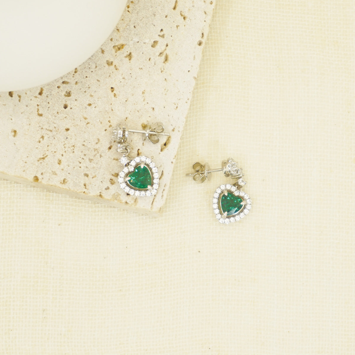 White Gold Halo Heart Emerald Full Stones Drop Earrings