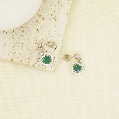 White Gold Halo Heart Emerald Full Stones Drop Earrings