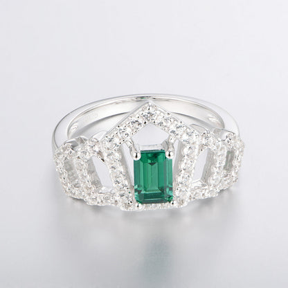 White Gold Square Emerald Crown Ring with Channel Setting Full Stones