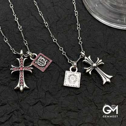 Vintage Cross Square Zircon Pendant Necklace