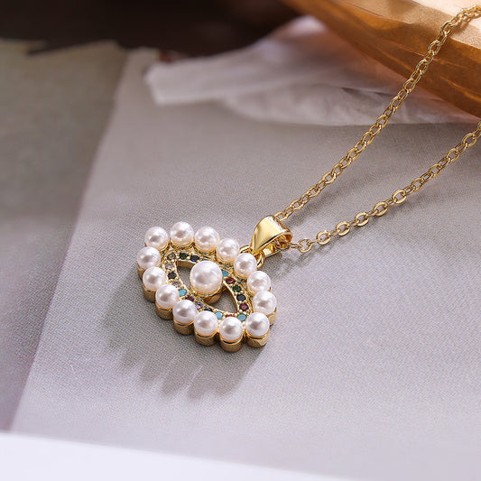 Hollow Evil Eye Color Stones Pearl Pendant Necklace