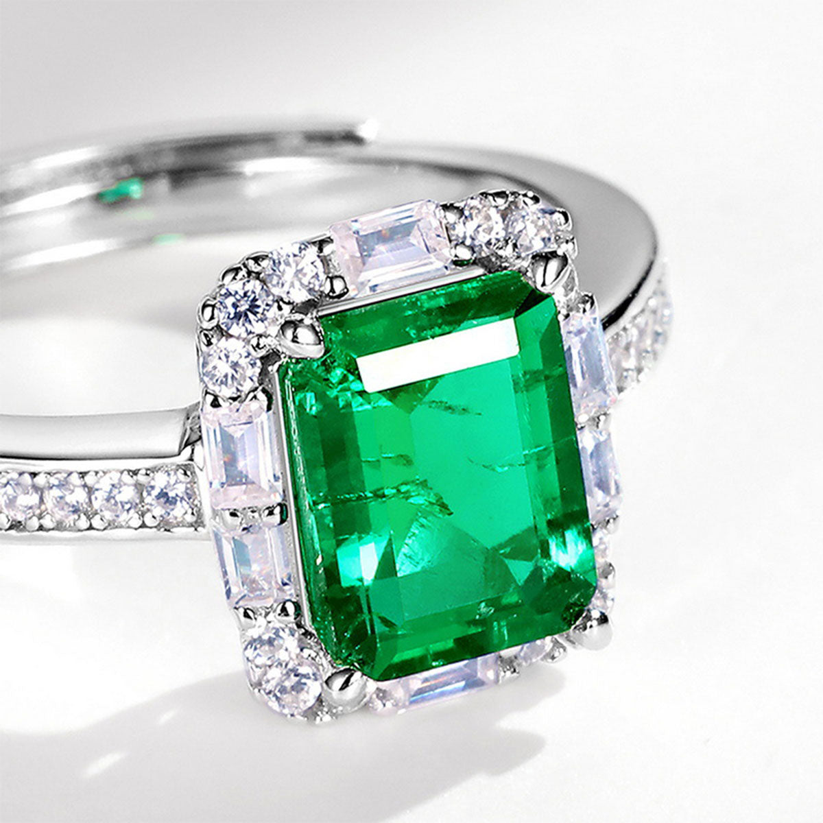 White Gold Rectangle Emerald Adjustable Halo Ring