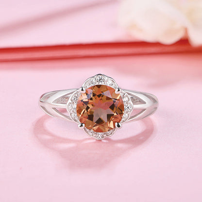 White Gold Hollow Flower Shape Round Orange Sapphire Signet Ring