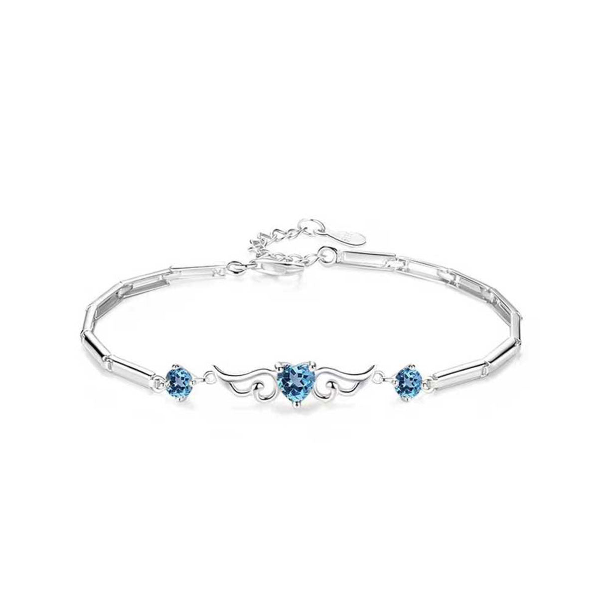 White Gold Angel Wings Heart Shape Blue Sapphire Bracelet