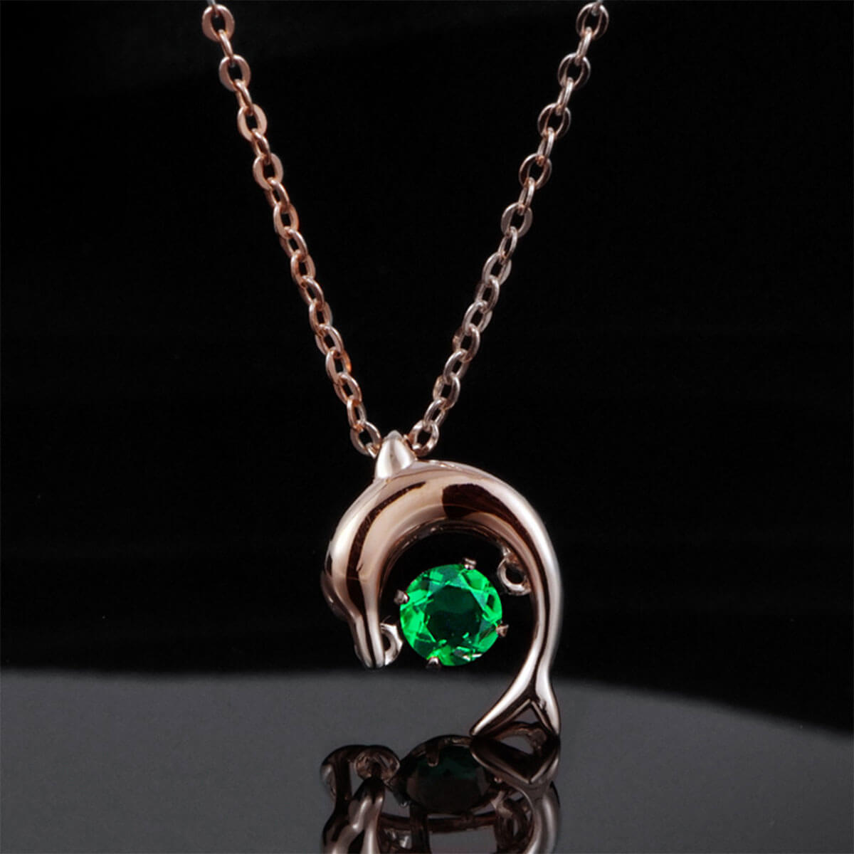 Rose Gold Dolphin Shape Beating Emerald Chain