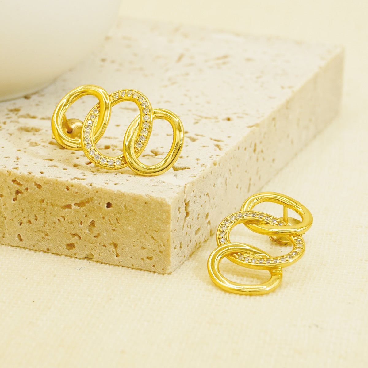 Golden Hammered Triple White Stones Hoop Earrings