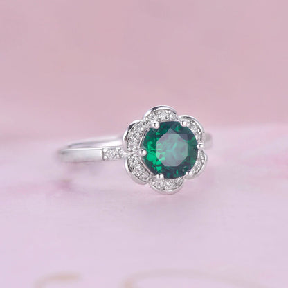 White Gold Flower Shape Emerald Halo Ring