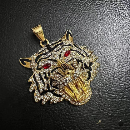 Hip-hop Jewelry Titanium Steel Gold-plated Inlaid Synthetic Cubic Zirconia Tiger Head Pendant