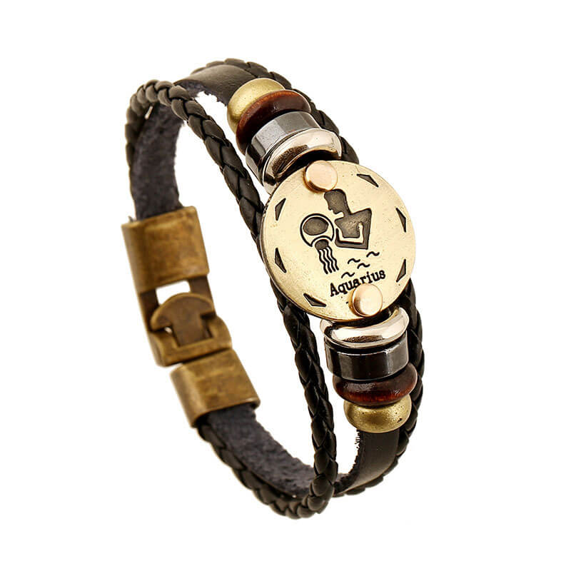 Zodiac Cowhide Simple Multi-layer Retro Braided Couple Leather Bracelet