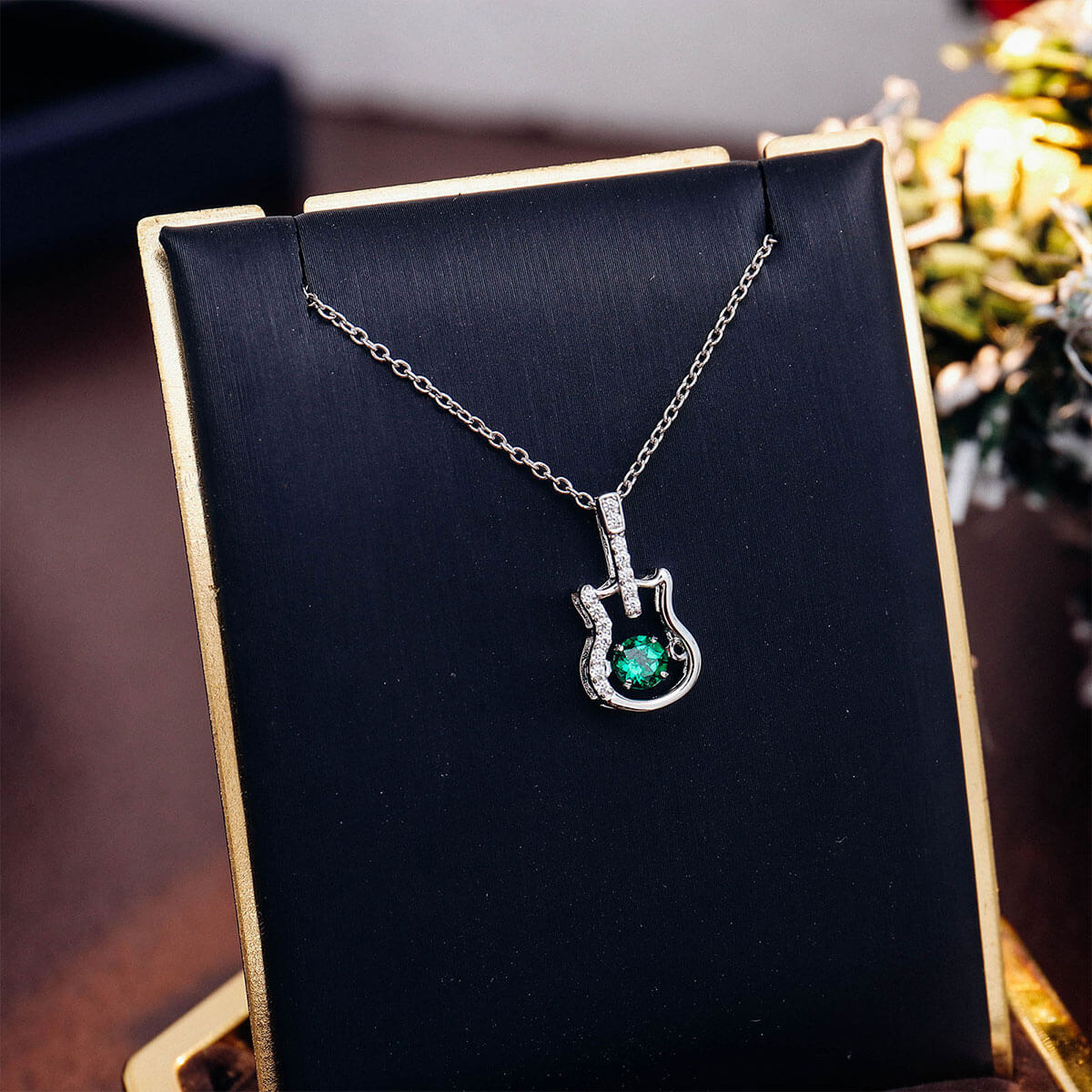 White Gold Guitar Shape Hollow Beating Emerald Chain