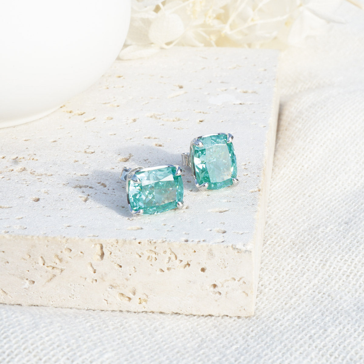 White Gold Plating Square Emerald Gem Prong Setting Stud Earrings