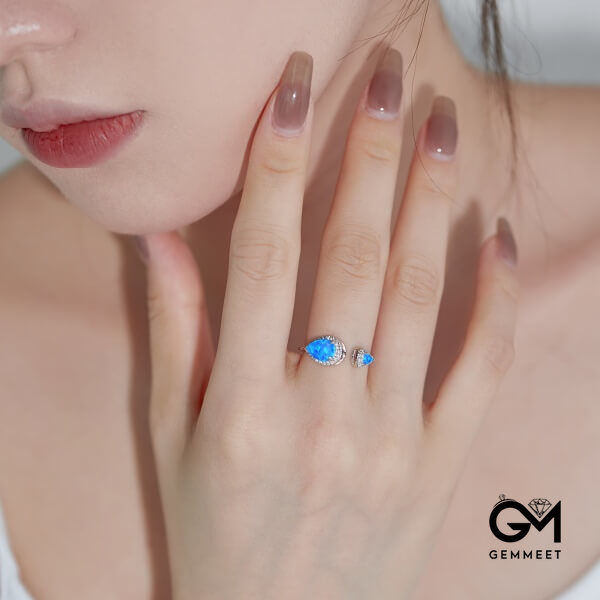 S925 Sterling Silver Blue Triangle Synthetic Opal Ring